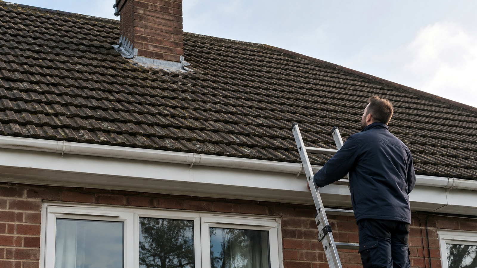 Roofer inspecting a pitched roof from safe access